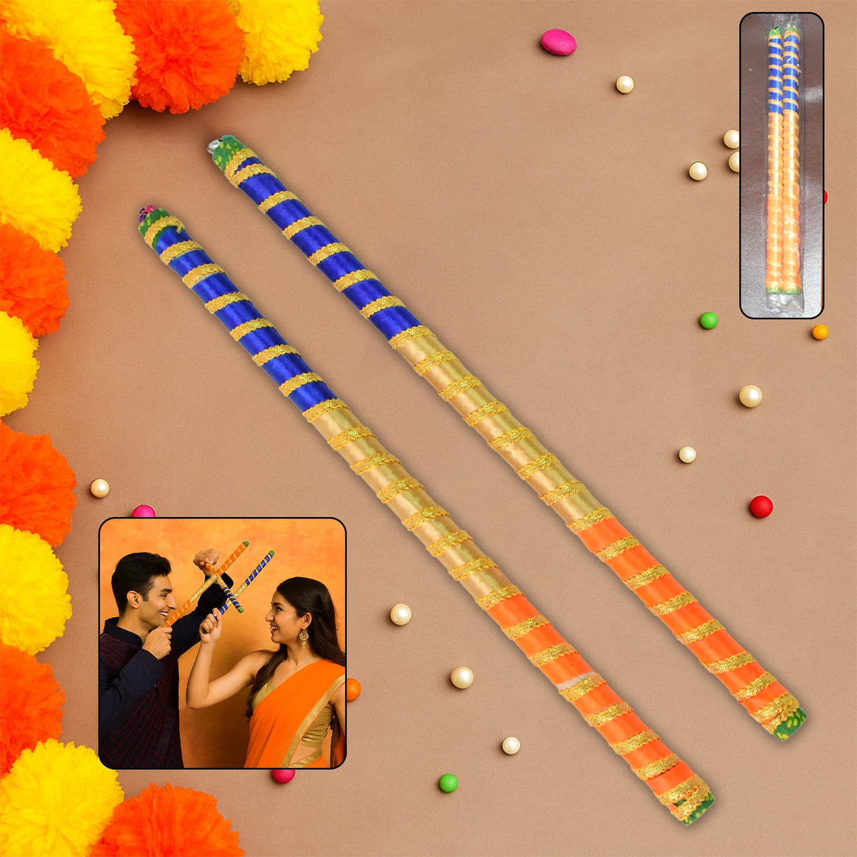 Traditional Decorative Dandiya Sticks Pair for Navratri, Garba